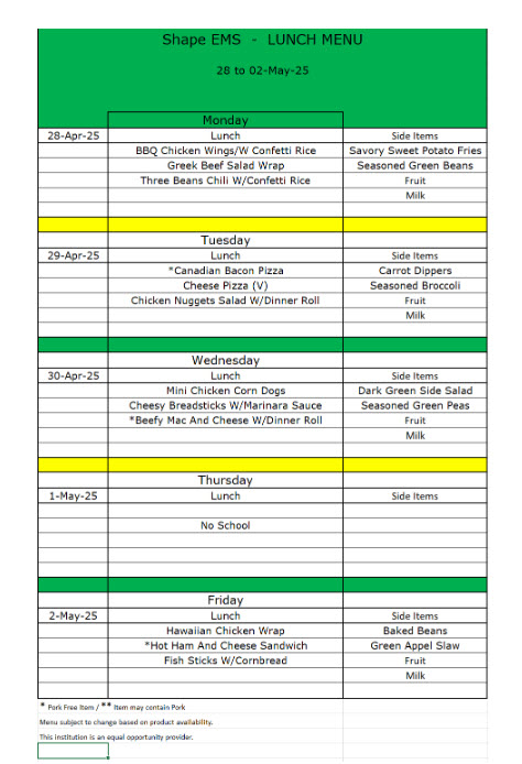 lunch menu