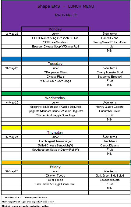 UPK Lunch Menu 5/12