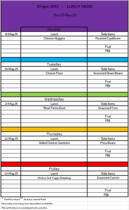 UPK Lunch Menu