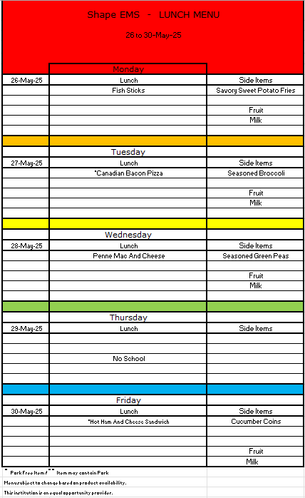 UPK Lunch menu
