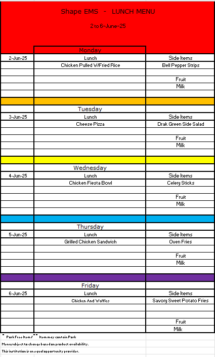 UPK Lunch Menu
