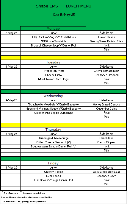 Lunch Menu 5/12