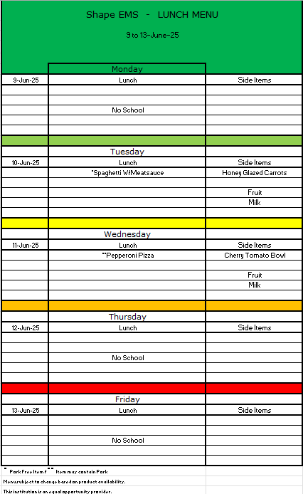 UPK lunch menu